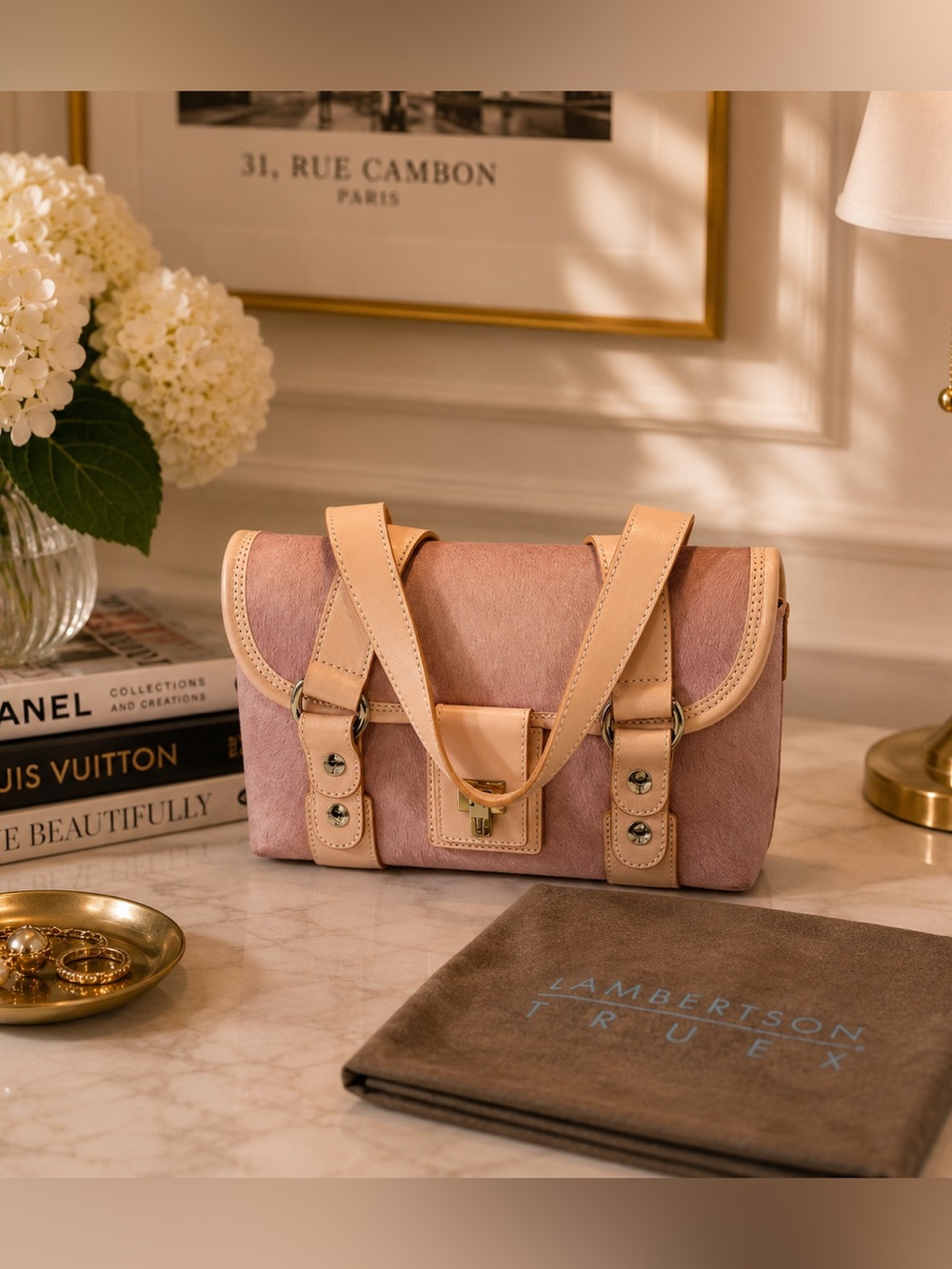 Lambertson Truex Italy Pink Pony Hair Leather Handbag w/ Dust Bag